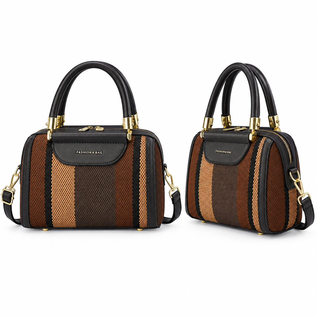 Brown and black woven-look top-handle satchel in front and angled views