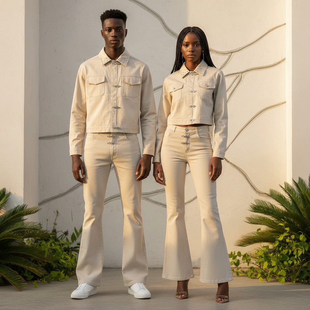 Male and female models wearing cream beige star-collar denim flare set