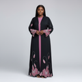 Women's Black Pink Floral Cutout Embroidered Open-Front Abaya – Model Shot