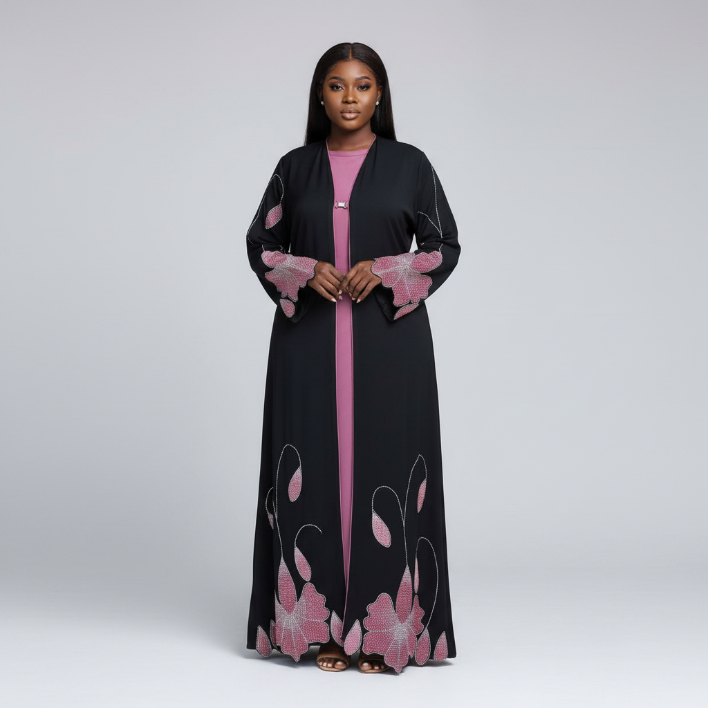 Women's Black Pink Floral Cutout Embroidered Open-Front Abaya – Model Shot