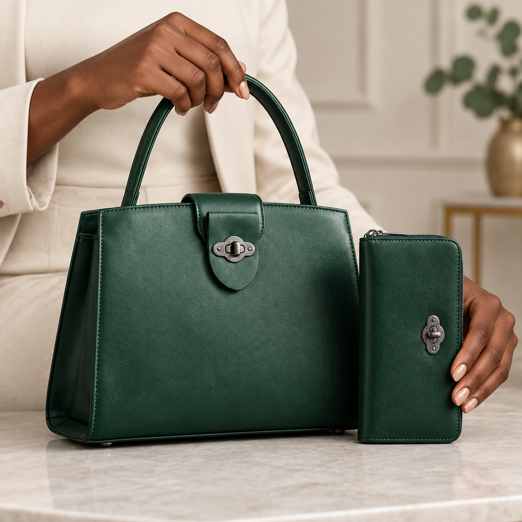 Black model hands holding a deep green structured handbag with matching zip pouch