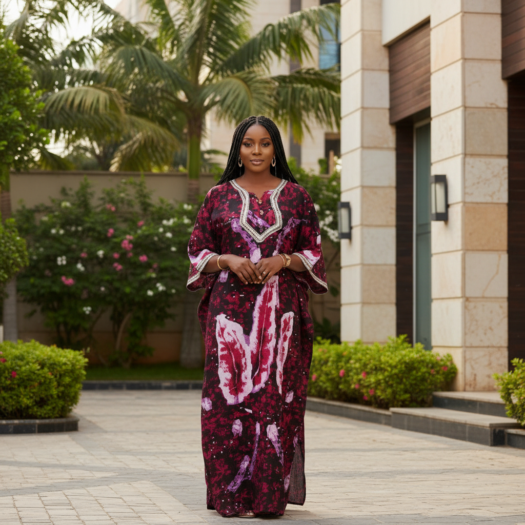 Nigerian female model wearing women's burgundy abstract print bubu kaftan dress in garden setting