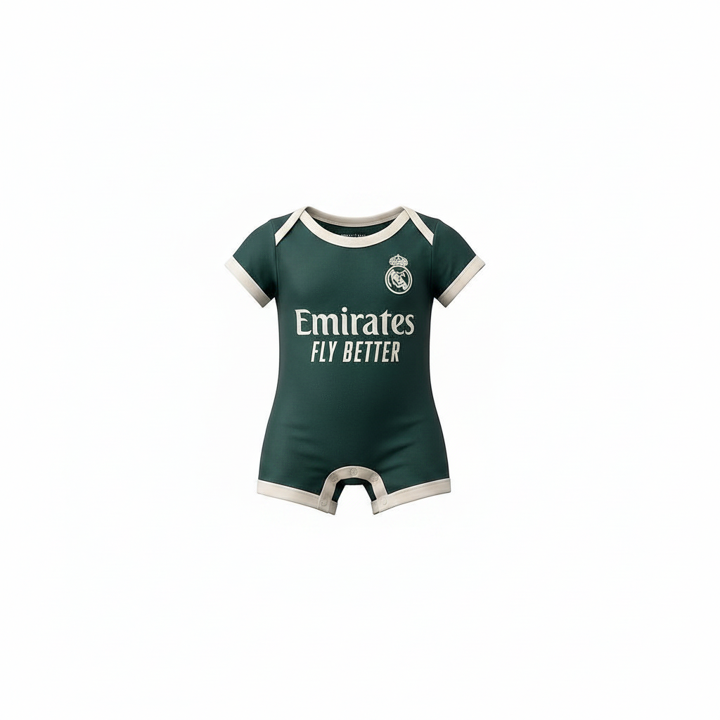Baby dark green & cream football romper bodysuit – ghost mannequin front view on white background