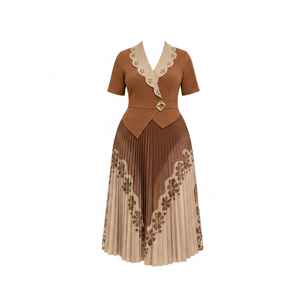 Women's caramel brown and cream floral pleated midi gown ghost mannequin view on white background