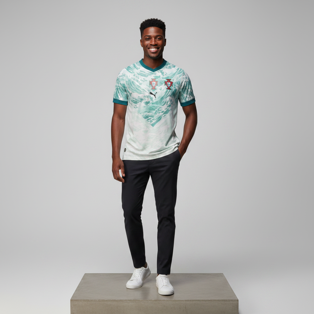 Nigerian male model wearing mint Portugal FPF away football jersey on concrete plinth