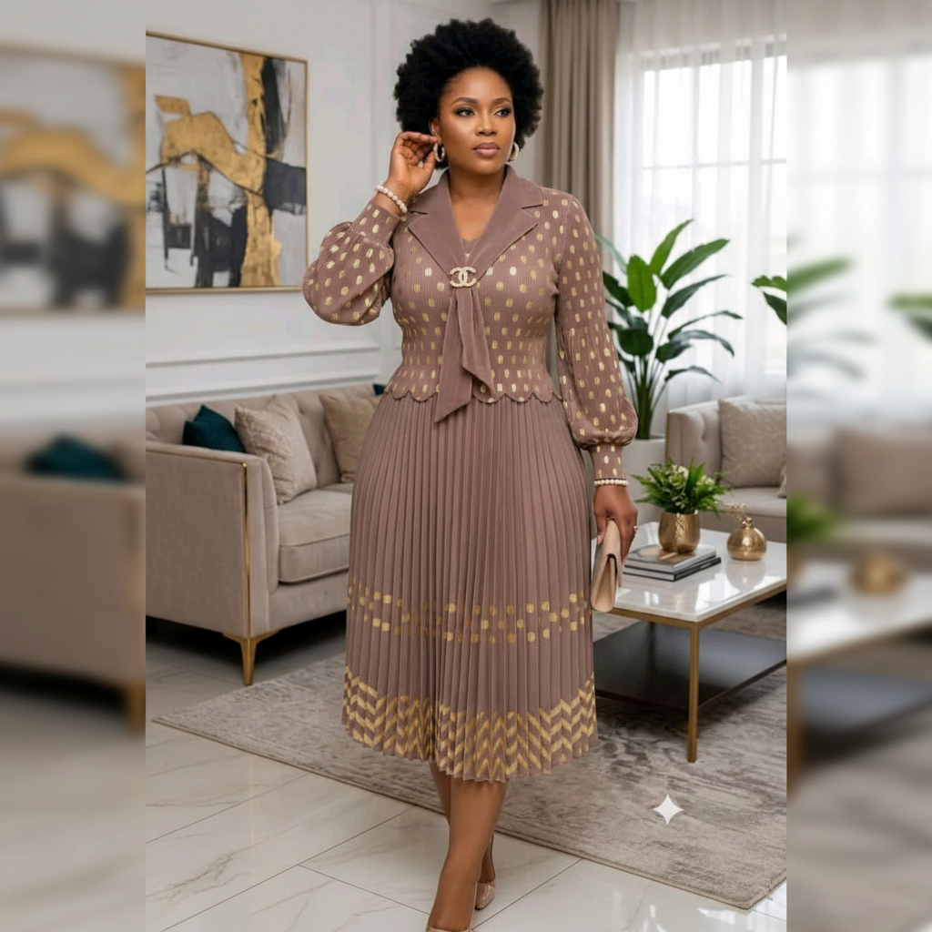 Mocha & Gold Polka Dot Chiffon Blazer Pleated Midi Skirt Suit – Model Shot