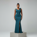 Teal One-Shoulder 3D Floral Bodycon Maxi Gown - Model Shot