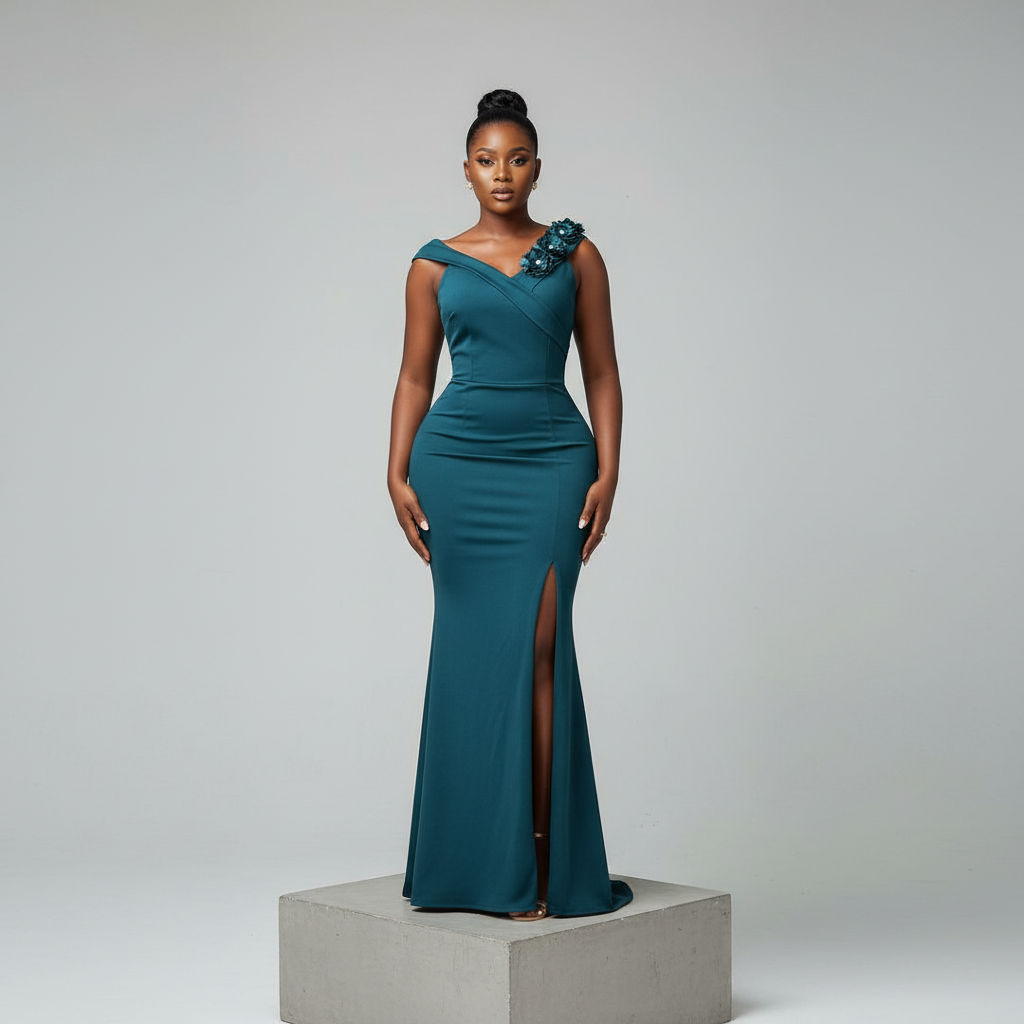 Teal One-Shoulder 3D Floral Bodycon Maxi Gown - Model Shot