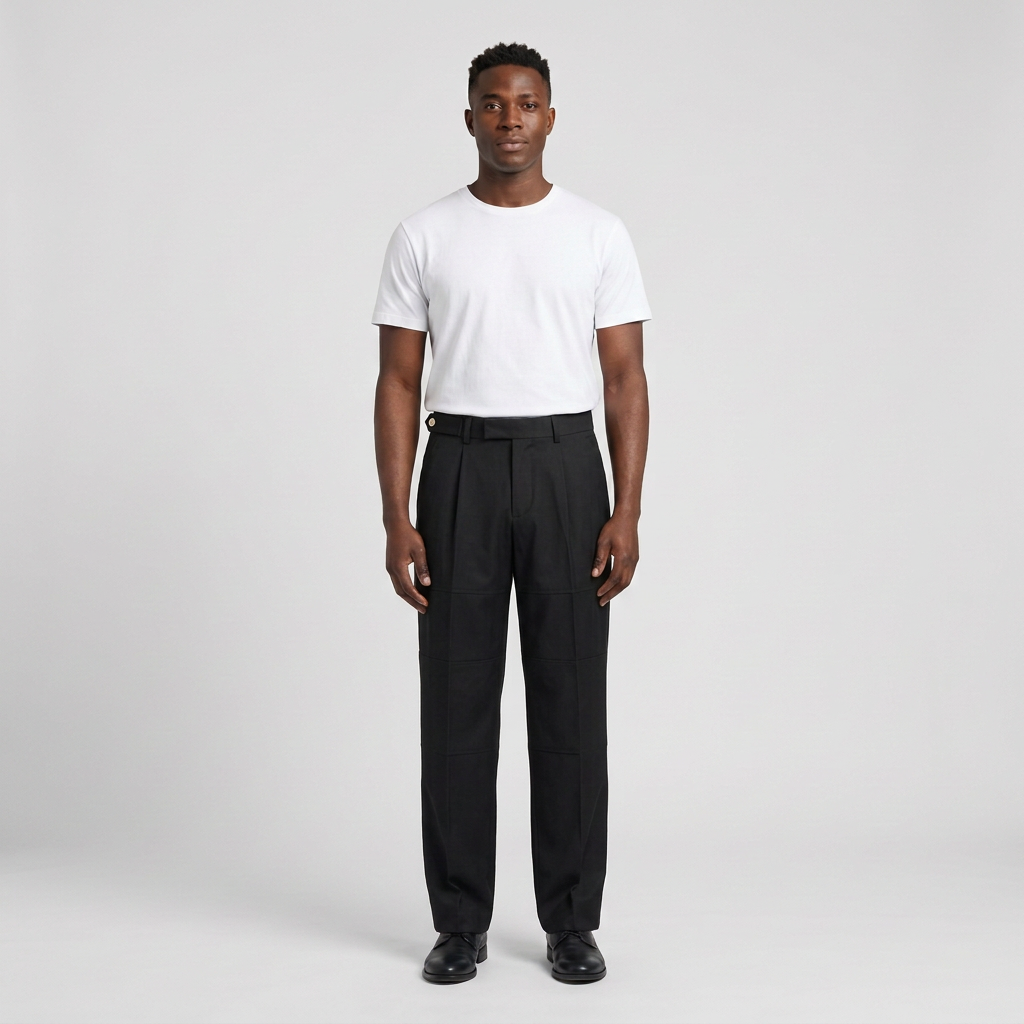 Full-body male model wearing black pleated panelled trousers