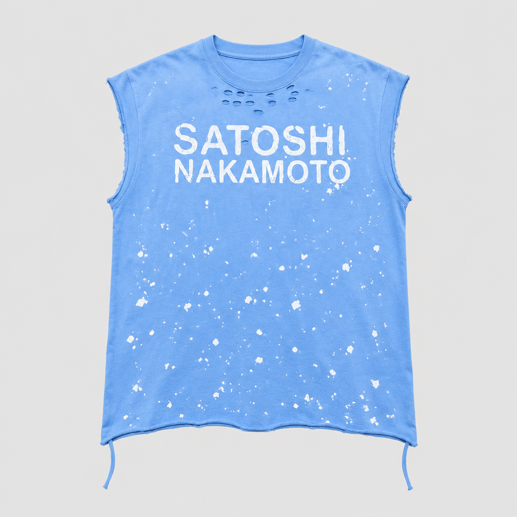 Ghost mannequin view of a blue distressed sleeveless graphic shirt
