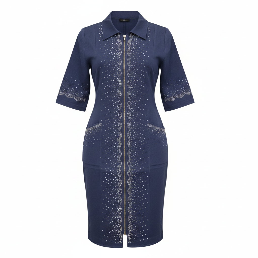 Navy Blue Rhinestone Zip-Front Midi Dress - Ghost Mannequin Front