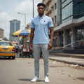 Young Nigerian male model wearing sky blue geometric jacquard polo shirt