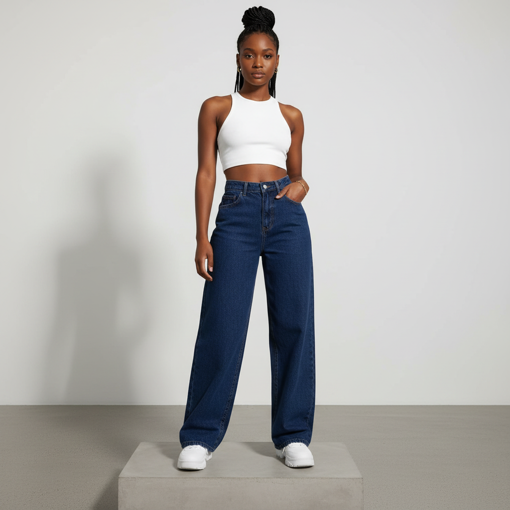 Navy Blue High-Waist Baggy Wide-Leg Jeans – Front Model