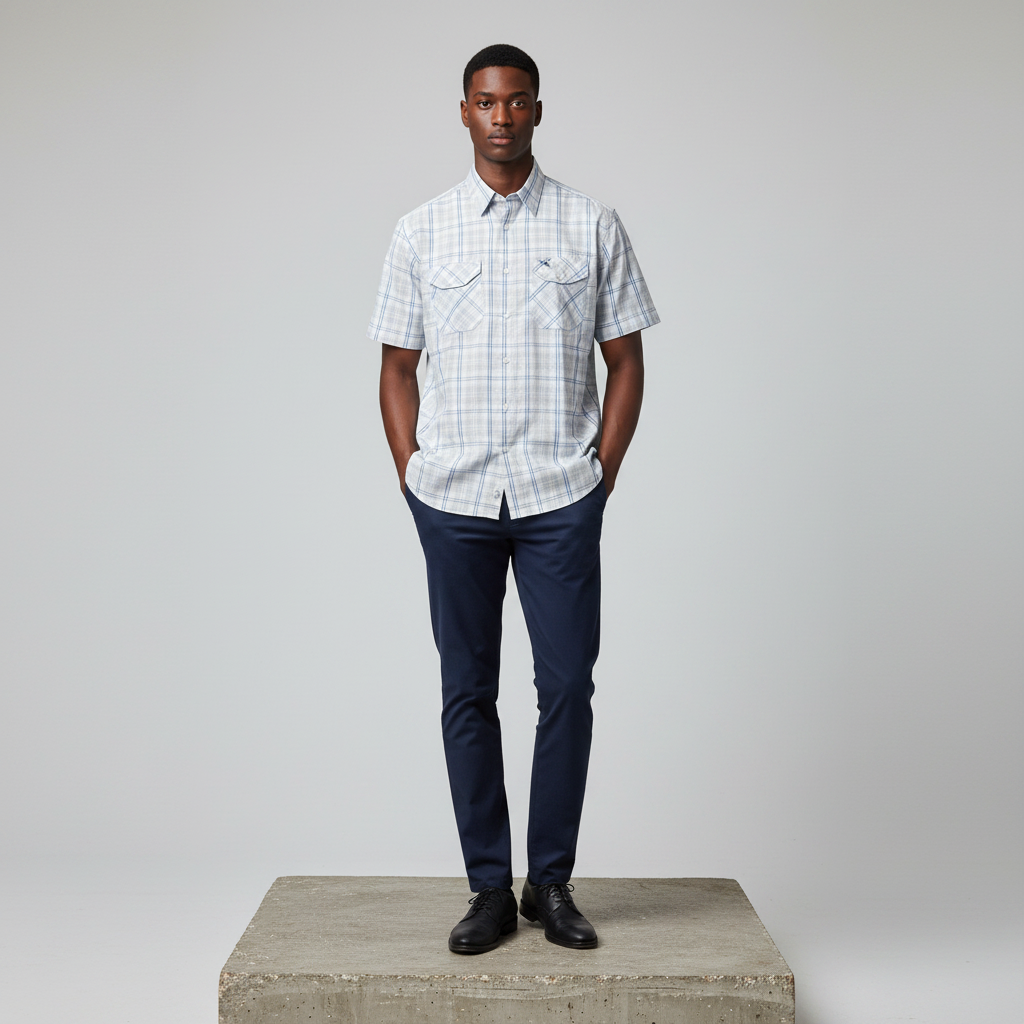 Nigerian male model wearing white and blue plaid short-sleeved shirt