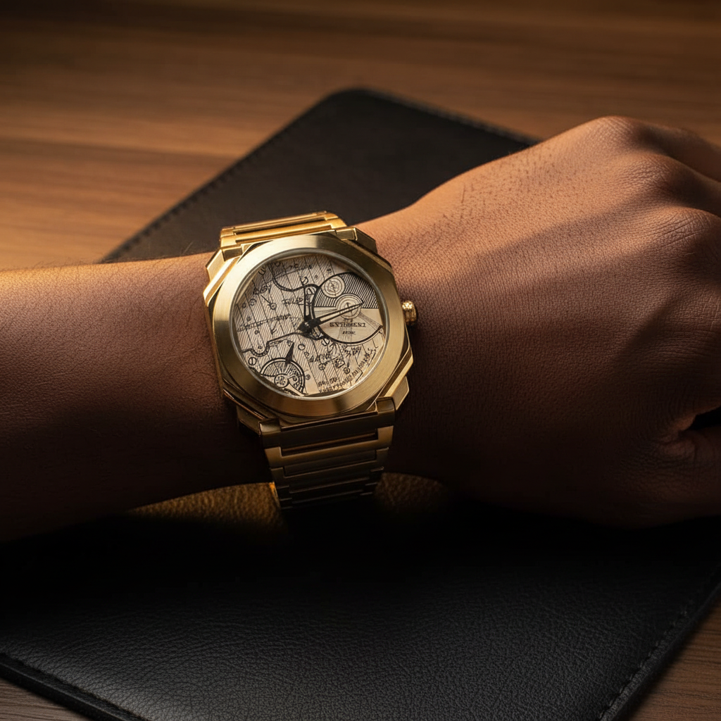 Nigerian man wearing yellow gold Octo Finissimo style watch with cream blueprint dial, wrist close-up