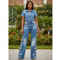 Light Blue Rhinestone Heart Side Panel Wide-Leg Jeans - Model Front View