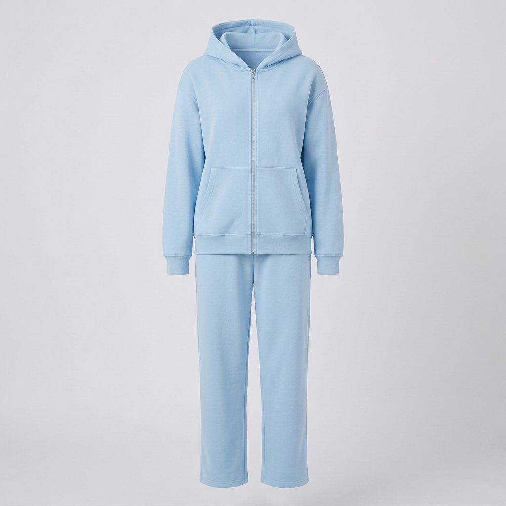 Baby blue zip-up hoodie and matching trousers in ghost mannequin styling