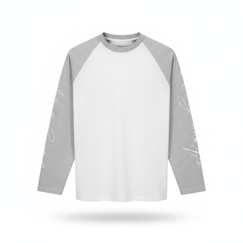 Men's White Grey Raglan Long Sleeve Script Shirt – Ghost Mannequin Front View