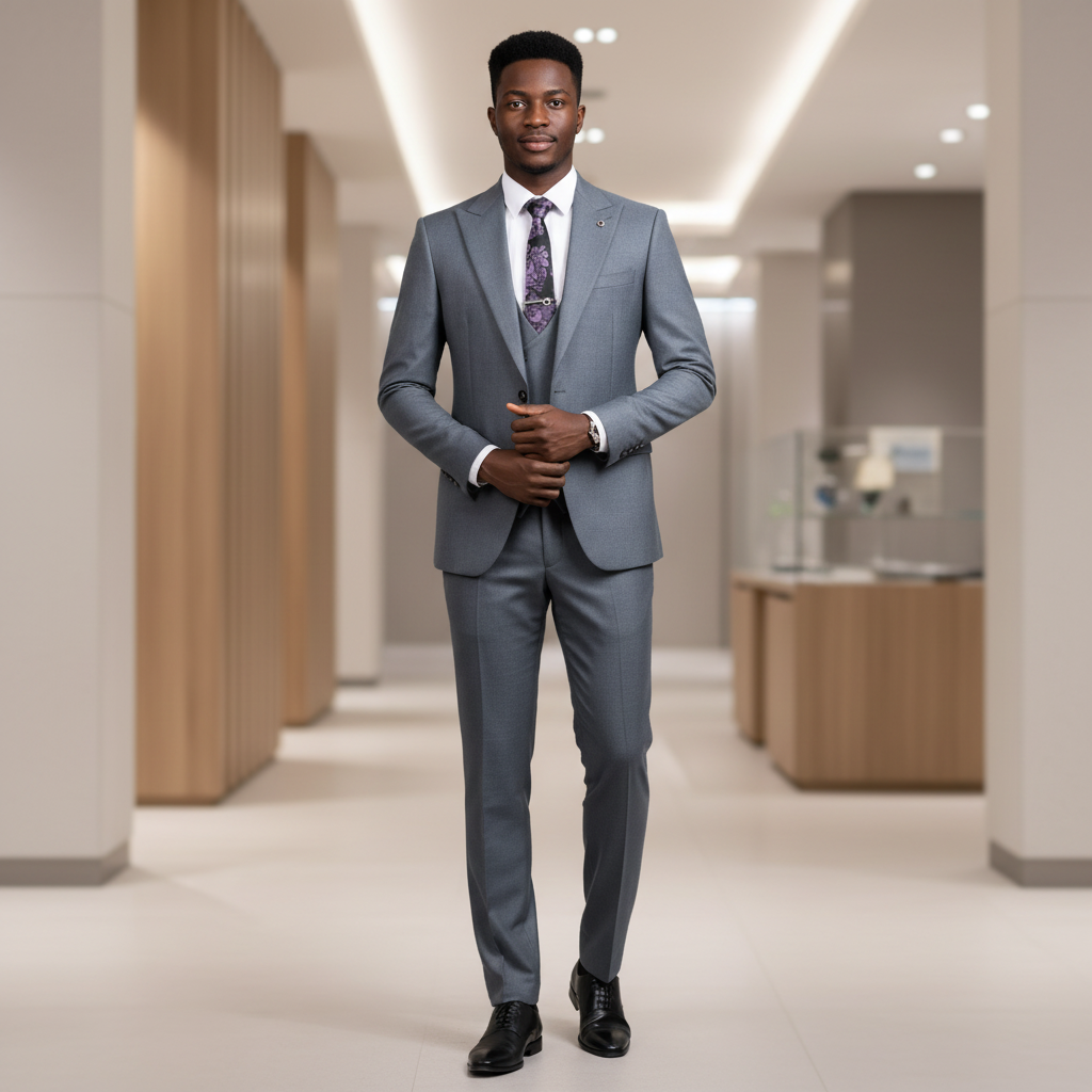 Nigerian male model wearing steel grey 3-piece suit