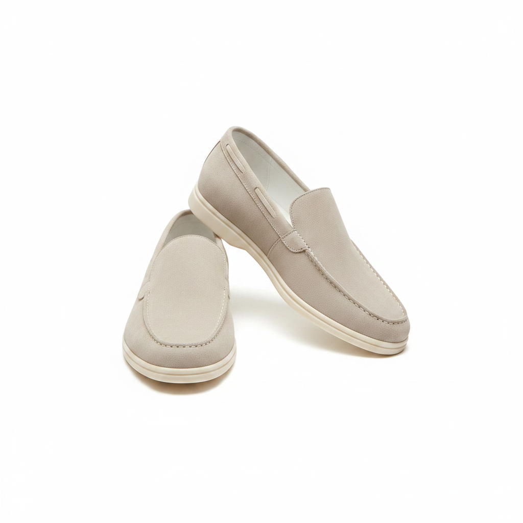 Berluti Paris light beige suede slip-on loafer dynamic ghost mannequin product shot, plain white background