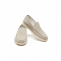 Berluti Paris light beige suede slip-on loafer dynamic ghost mannequin product shot, plain white background