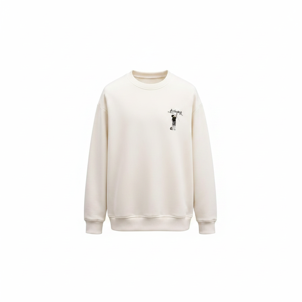 Unisex off-white sweatshirt with small cartoon character chest graphic – ghost mannequin back view