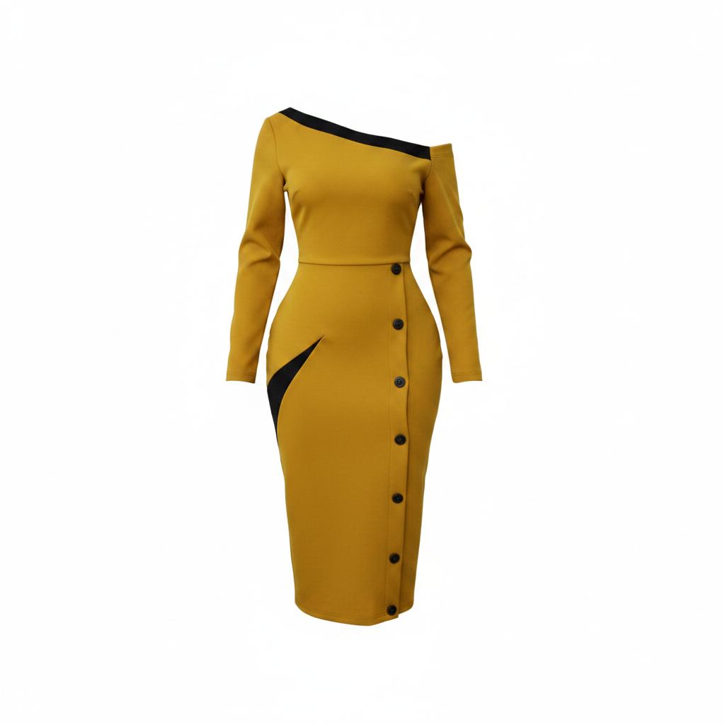 Women's Mustard Off-Shoulder Button-Front Bodycon Midi Dress - Ghost Mannequin