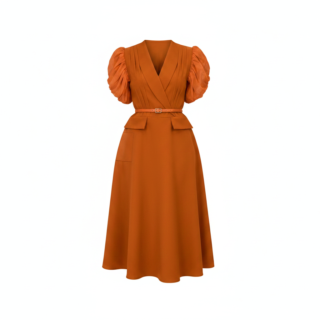 Women's puff-sleeve belted A-line midi dress in orange – ghost mannequin front view