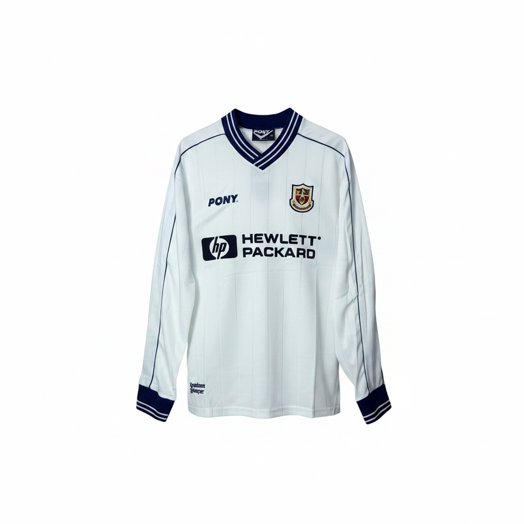 White and navy pinstripe long-sleeve retro football jersey with V-collar — ghost mannequin front view
