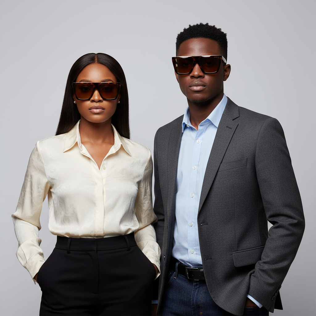 Nigerian female with sleek weavon and male model wearing oversized flat-top tortoiseshell square sunglasses with gold accent and amber lens – editorial medium shot professional grey background