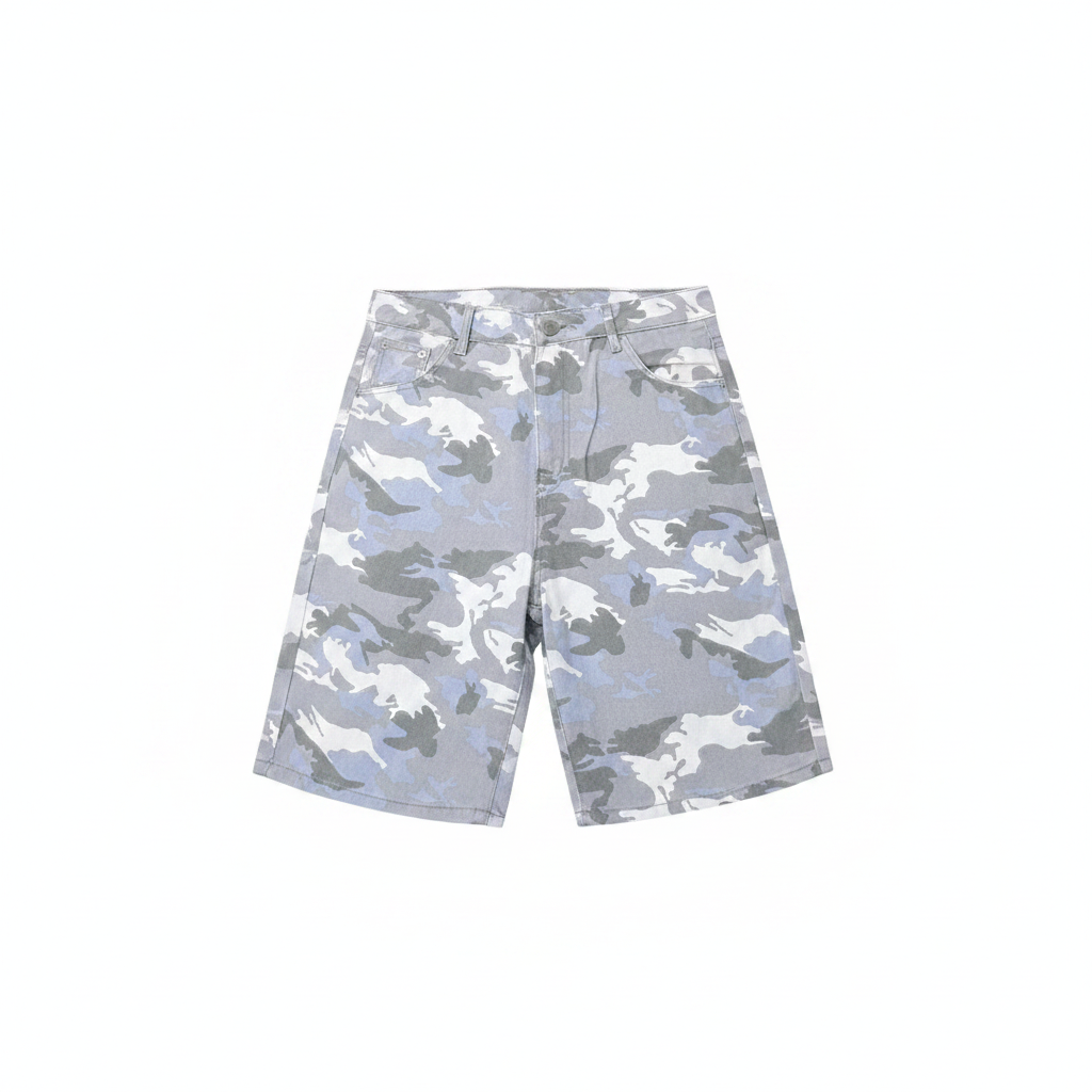 Ghost mannequin front view of grey white camouflage print denim shorts