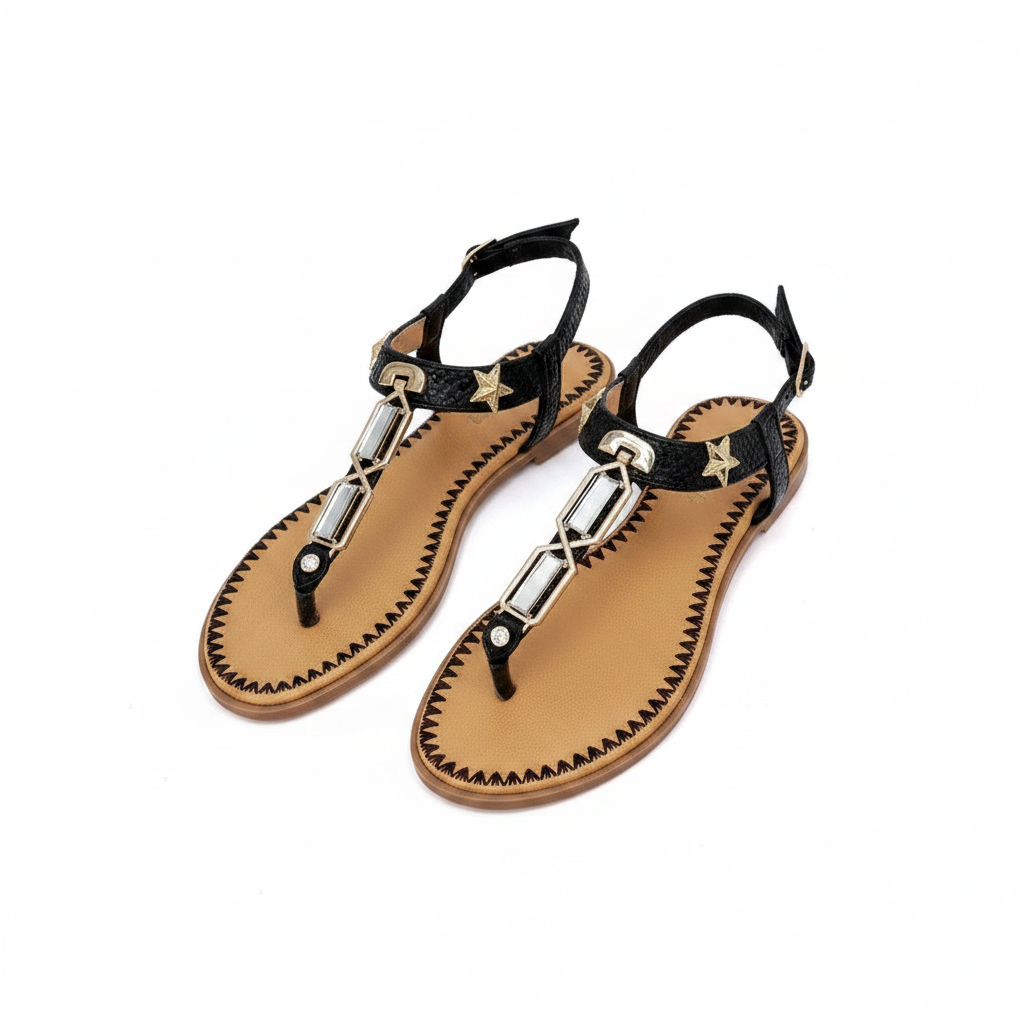 Women's Geometric Gem T-Strap Flat Thong Sandal - Black Ghost Mannequin