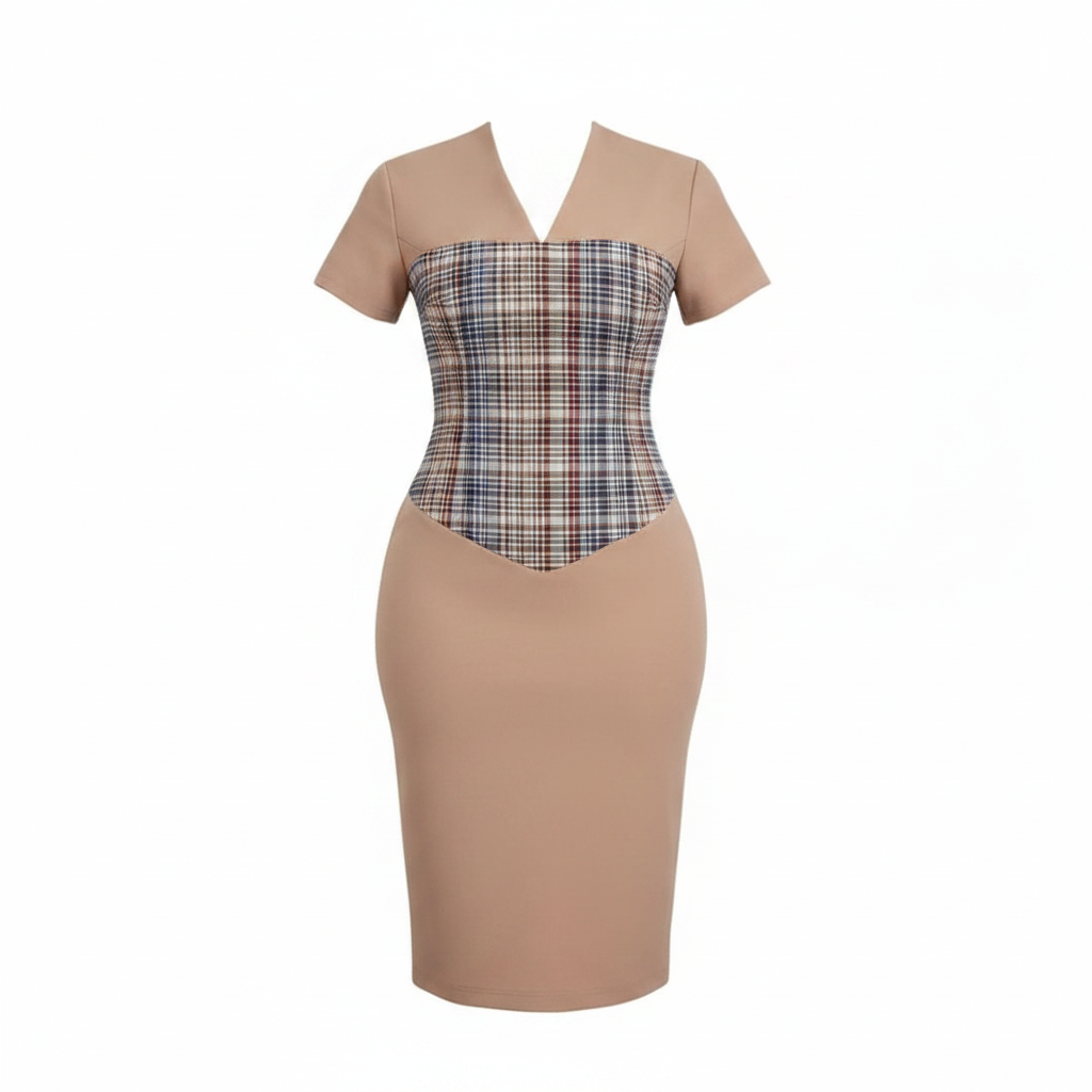 Women's beige plaid corset panel V-neck short sleeve midi dress – ghost mannequin front view