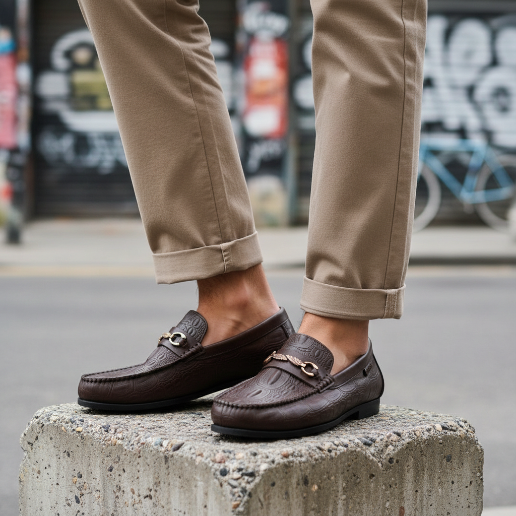 Model wearing dark brown croc-embossed leather loafers with gold detail leg shot