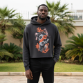 Charcoal cropped statue graffiti hoodie front view on Nigerian male model
