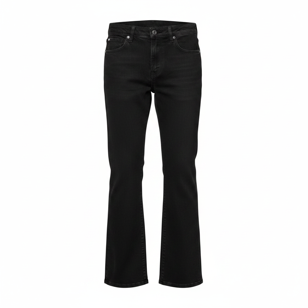 Plain black bootcut flare jeans on ghost mannequin, white background