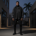 Male model wearing all-black quilted sherpa puffer bomber jacket