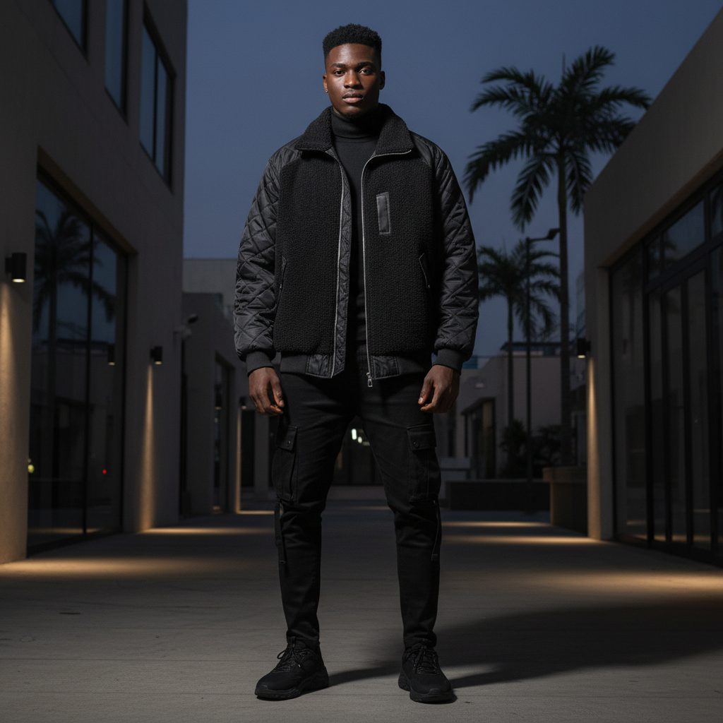 Male model wearing all-black quilted sherpa puffer bomber jacket