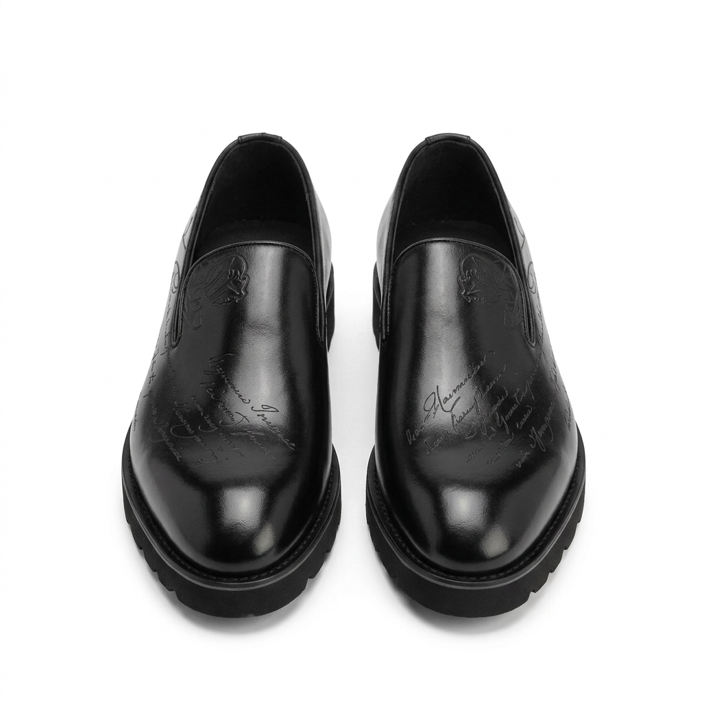Straight-on glossy black script-detail slip-on shoes with chunky soles