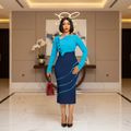 Sky Blue & Navy Colour-Block Bodycon Midi Dress – Model Shot