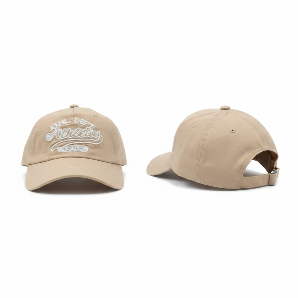 Beige collegiate athletics script embroidered baseball cap ghost mannequin front and rear-side view