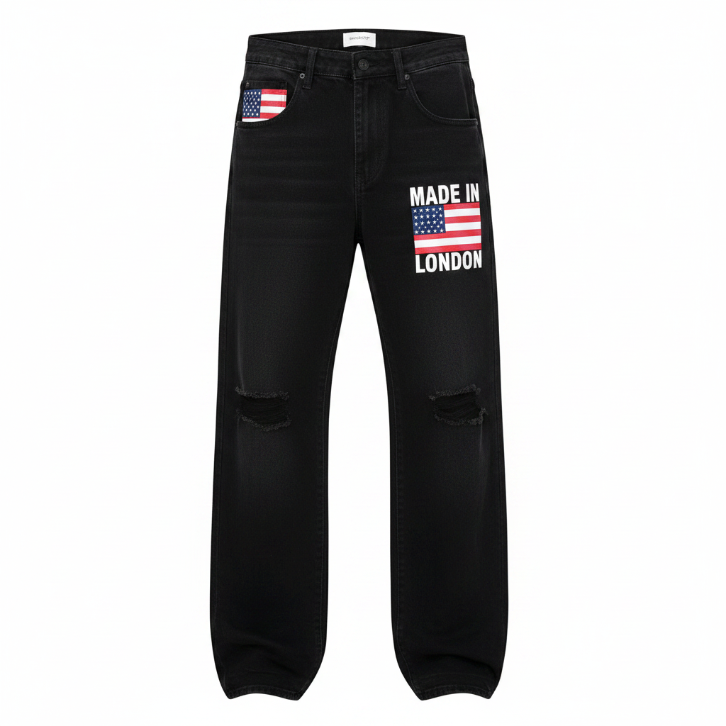 Men's black wide-leg ripped denim jeans with flag graphic print, ghost mannequin front view
