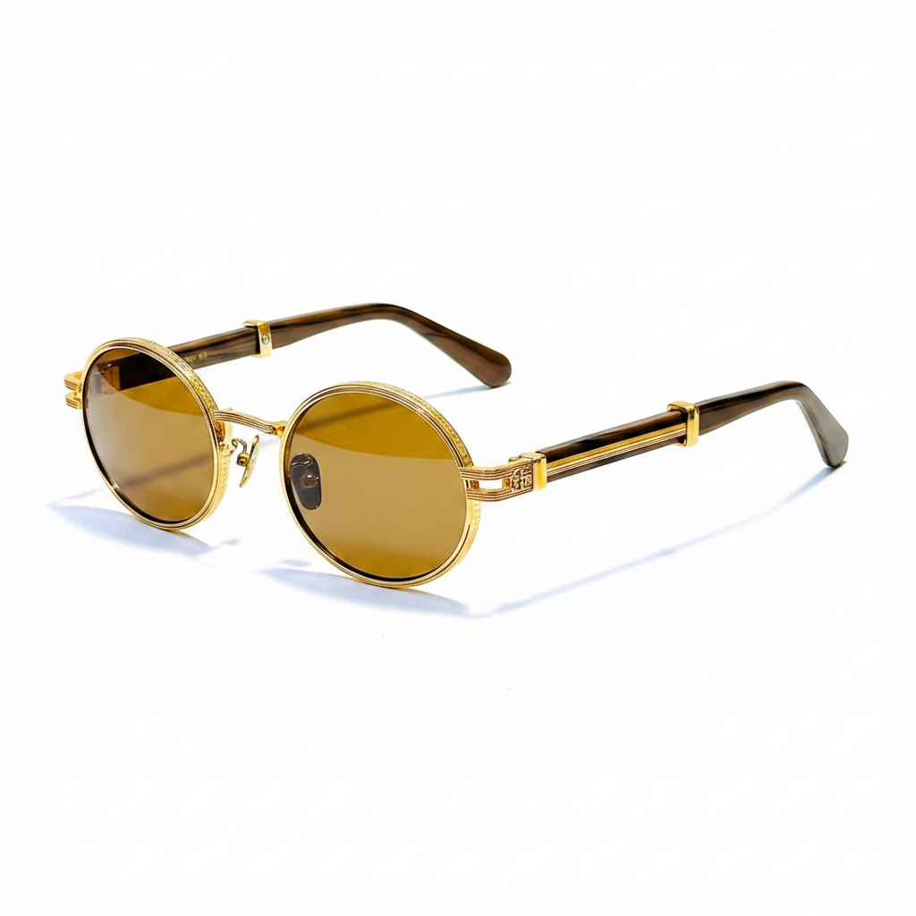 Ornate Round Sunglasses Gold Amber Wood – Ghost Mannequin Front and Side View