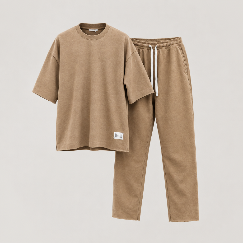Camel oversized t-shirt and jogger tracksuit set, ghost mannequin front view