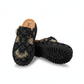 Black monogram canvas rhinestone toe mule clog ghost mannequin product shot, plain white background