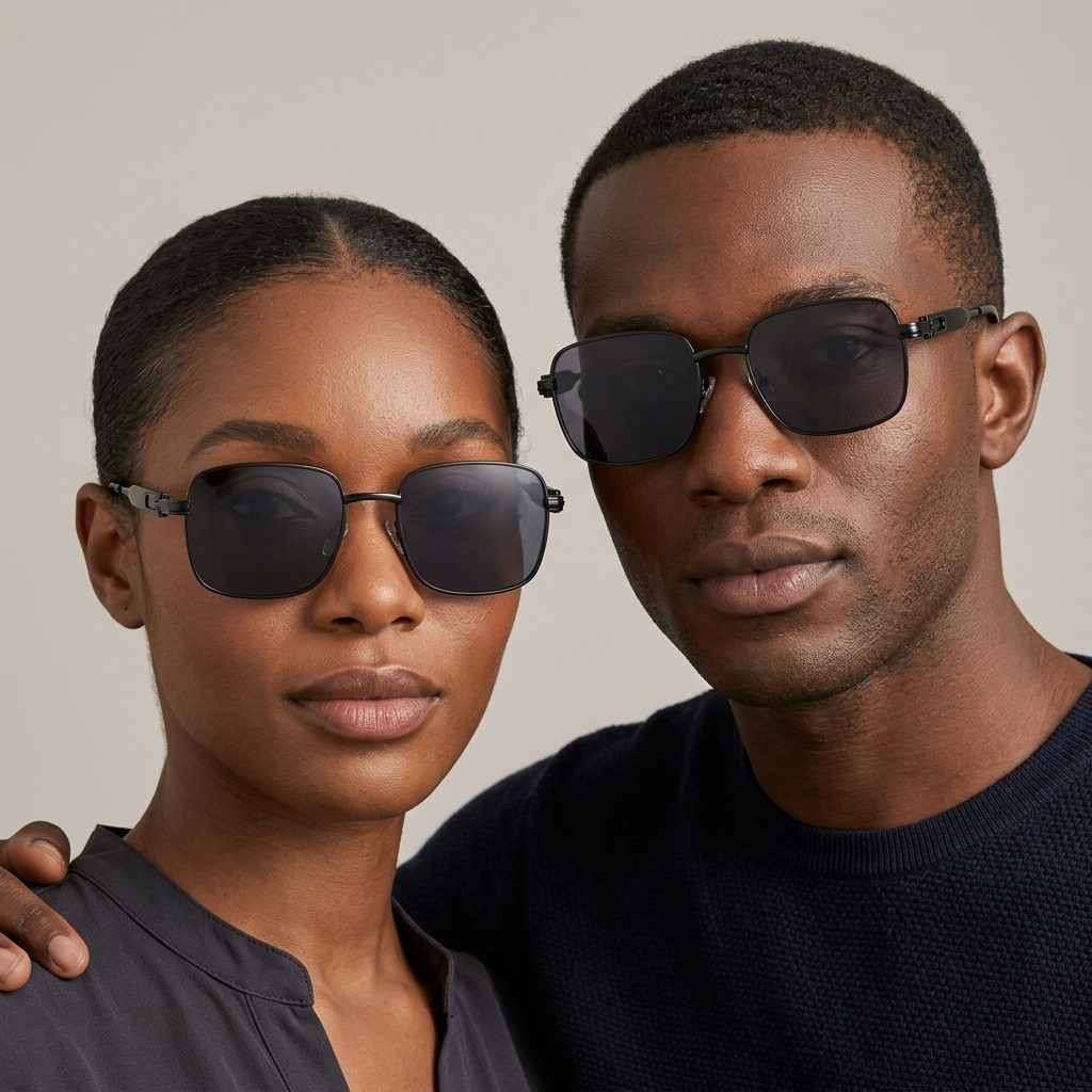 AI-generated adults wearing dark charcoal square eyewear