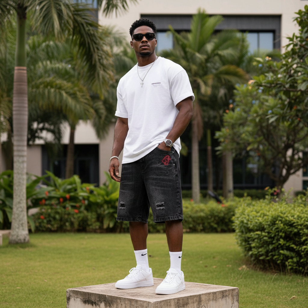Nigerian male model wearing men's black washed distressed denim shorts streetwear style