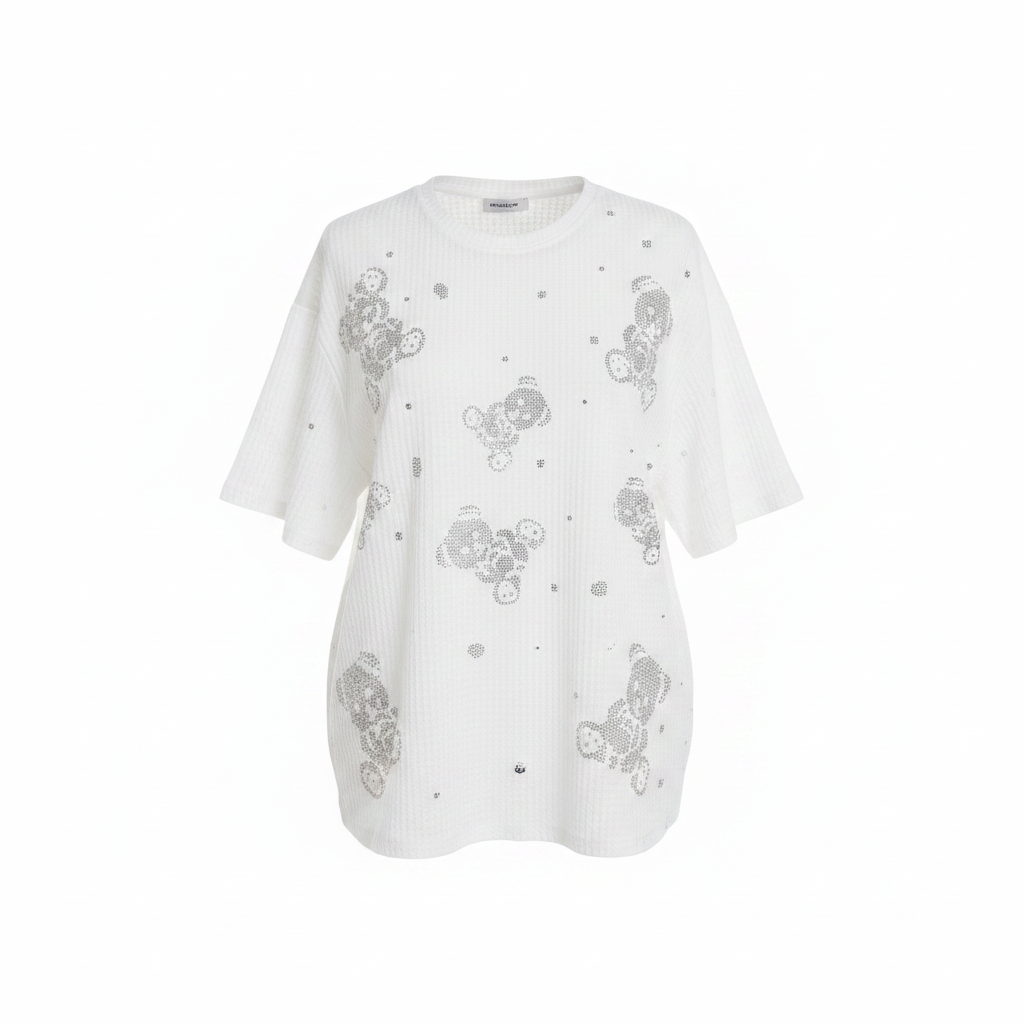Ghost mannequin front view - white rhinestone Mickey motif top