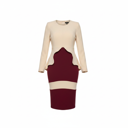 Ghost Mannequin – Cream & Burgundy Colour-Block Midi Dress