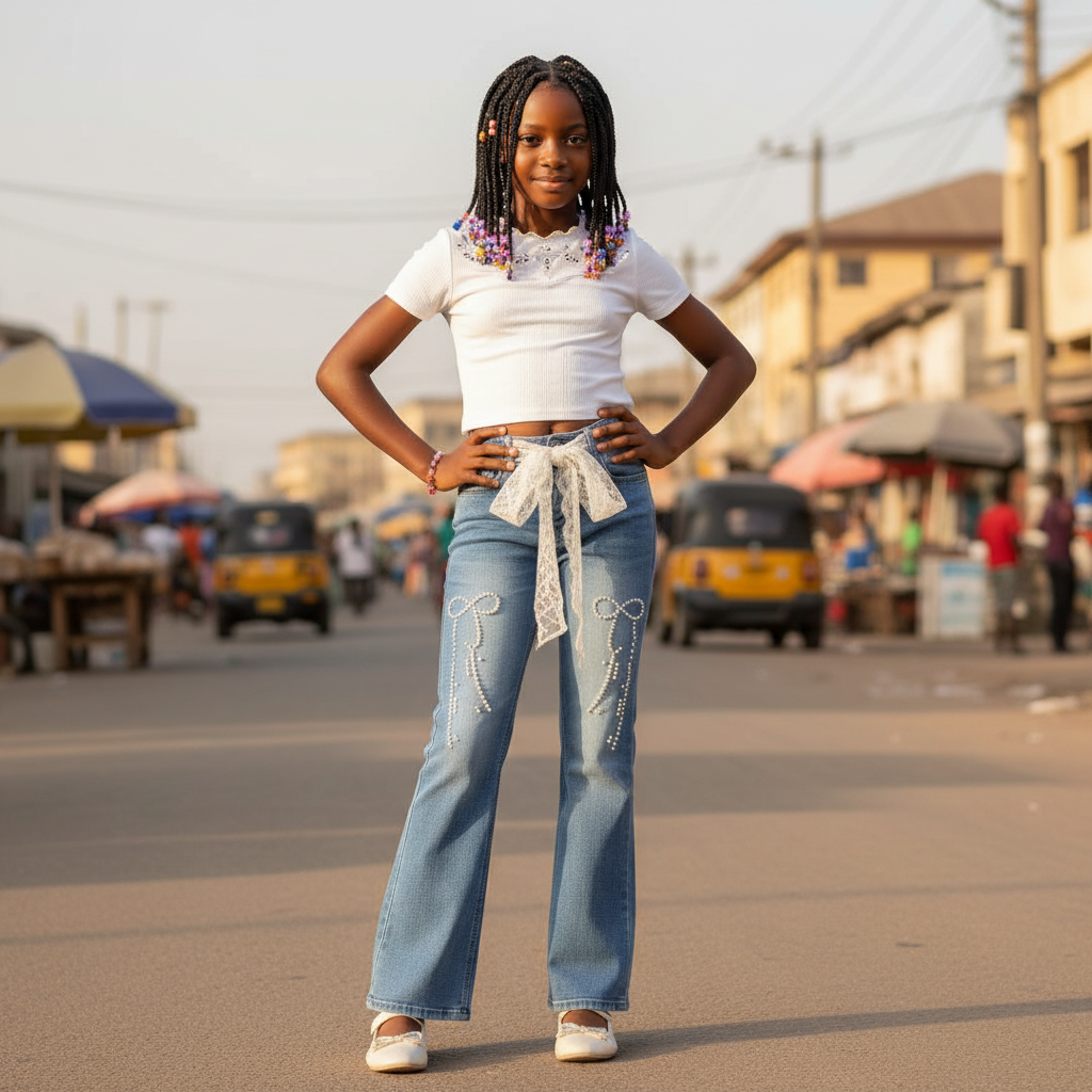 Young Nigerian girl wearing Pearl Bow Lace Flare Jeans